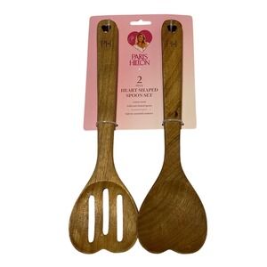 Paris Hilton 2 Piece Heart Shaped Spoon Set Acacia Wood Solid & Slotted PH Logo